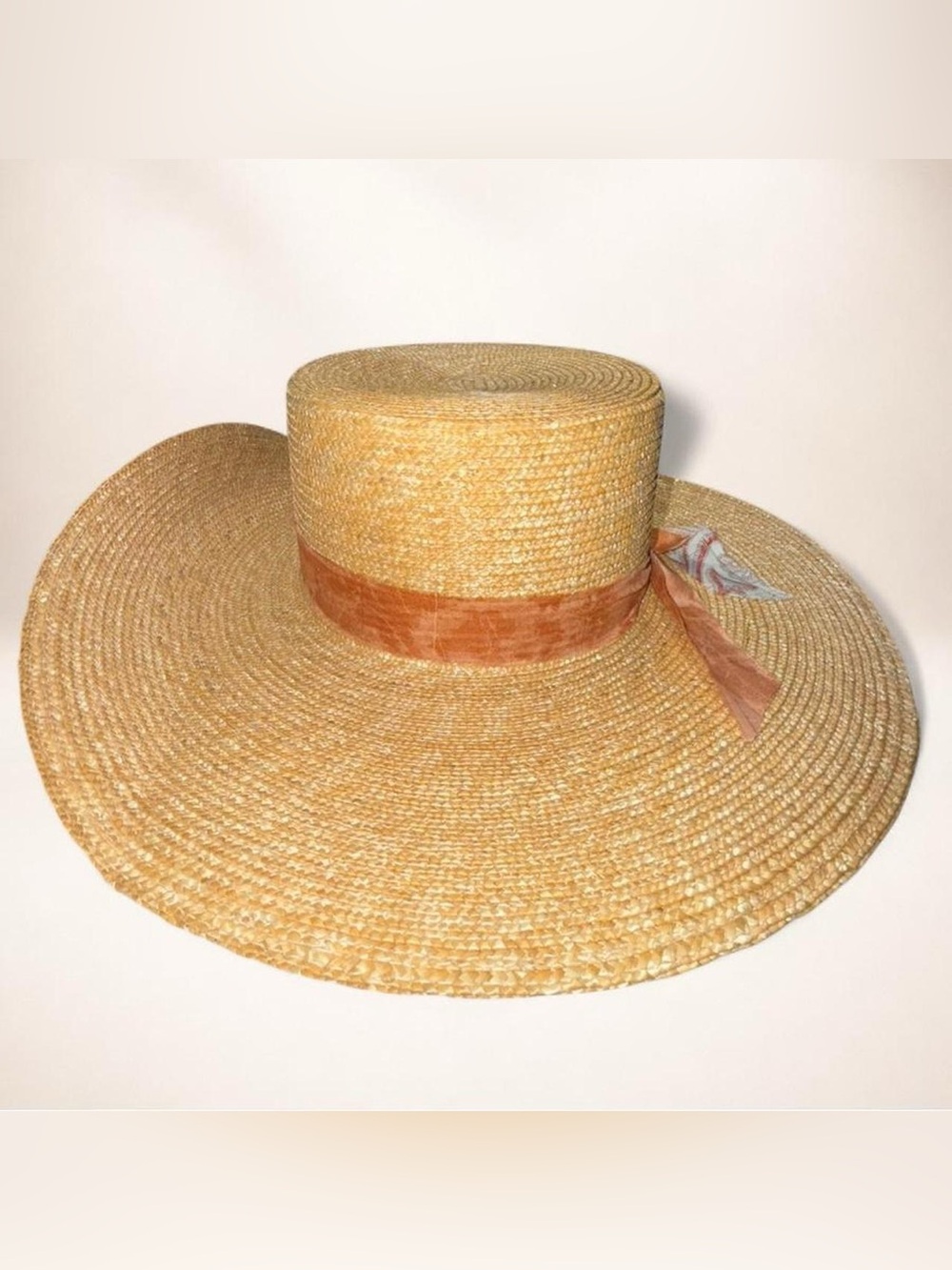 Wide Brim Straw Sun Hat with Rust Ribbon One Size Fits All